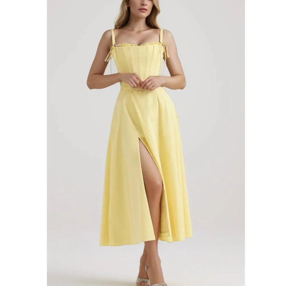 Yellow Slit Midi Dress and Cross Lacing up Top Set Mssaz Desses