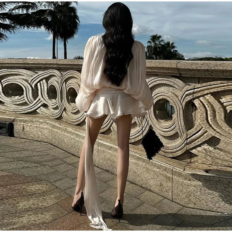 Elegant V-Neck Lace-Up  Style Mini Dress Mssaz Desses