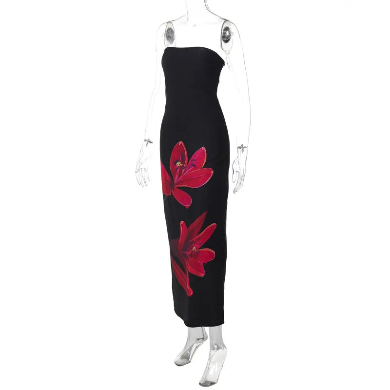 Black Tube Flower Print Back Tie Up Maxi Dress Mssaz Desses