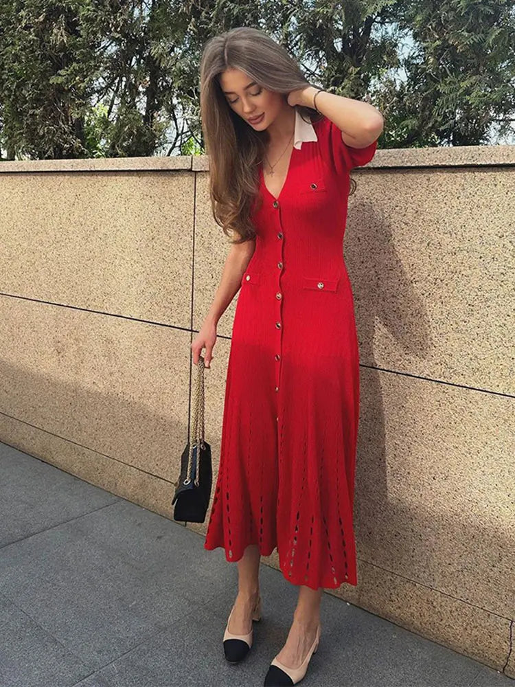 Ribbed Contrast Collar Short Sleeve Buttoned Midi Dress Mssaz Desses