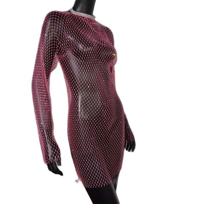 Bling Rhinestones Fishnet Mini Dress  Long Sleeve Crystal Dress Mssaz Desses