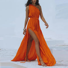Solid Split Pleated Bandage Long Dress Mssaz Desses