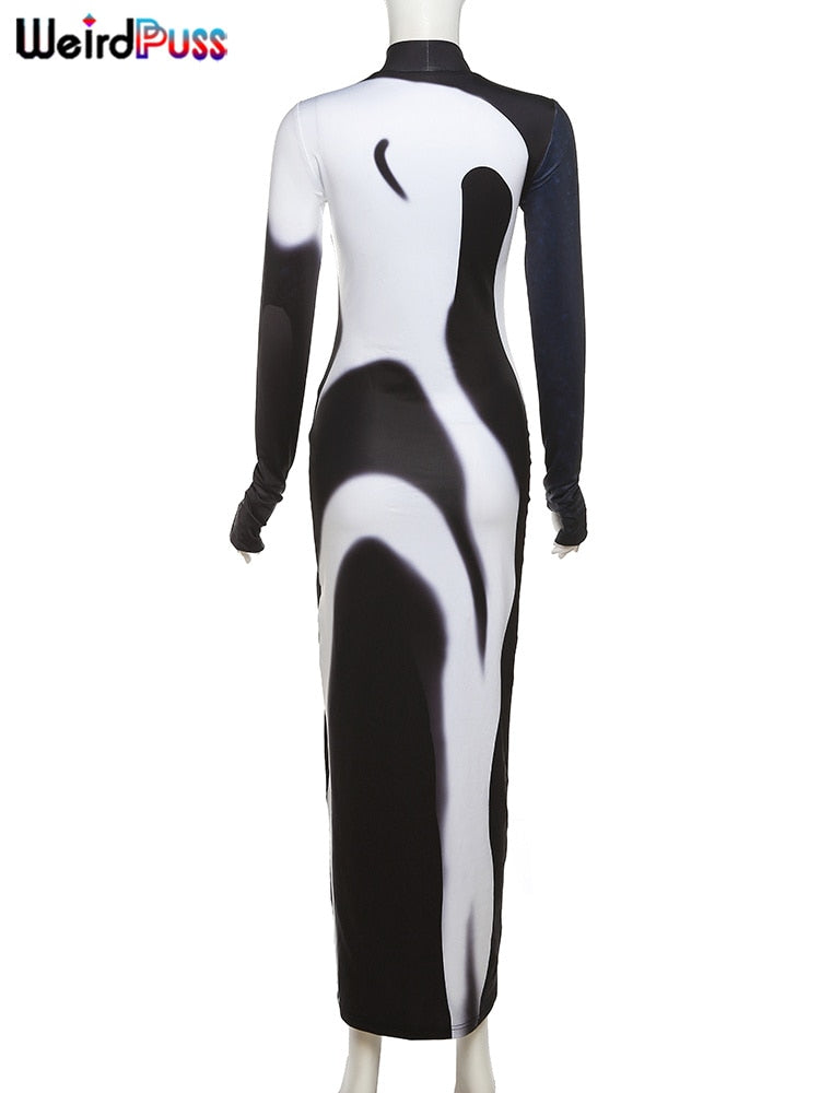 Weird Puss Gradient Maxi Dress Skinny Stretchy Long Sleeve O-Neck Trend Bodycon Mssaz Desses