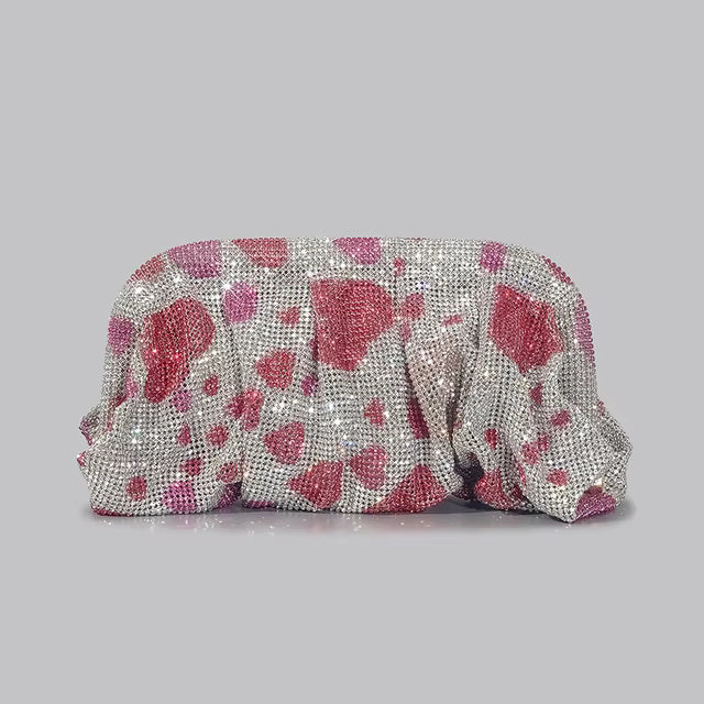 Designer Shinny Ruched Rhinestone Gradient Hearts Pattern Clutch Mssza
