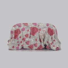 Designer Shinny Ruched Rhinestone Gradient Hearts Pattern Clutch Mssza