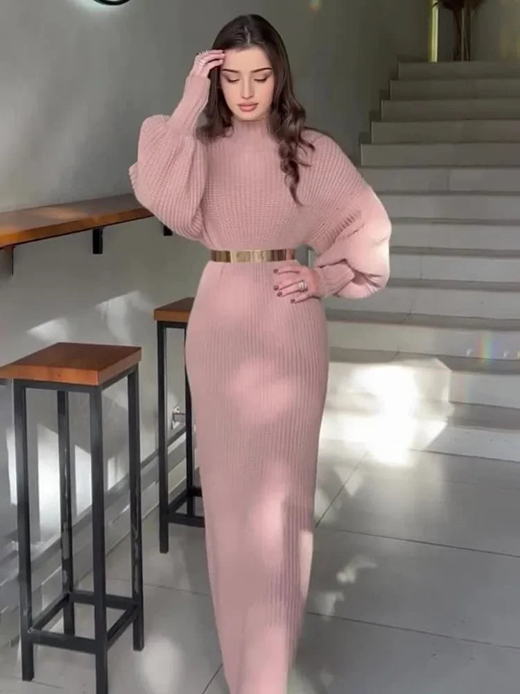 Turtleneck Pullover Solid Sweater Dress With Belt Mssaz Desses