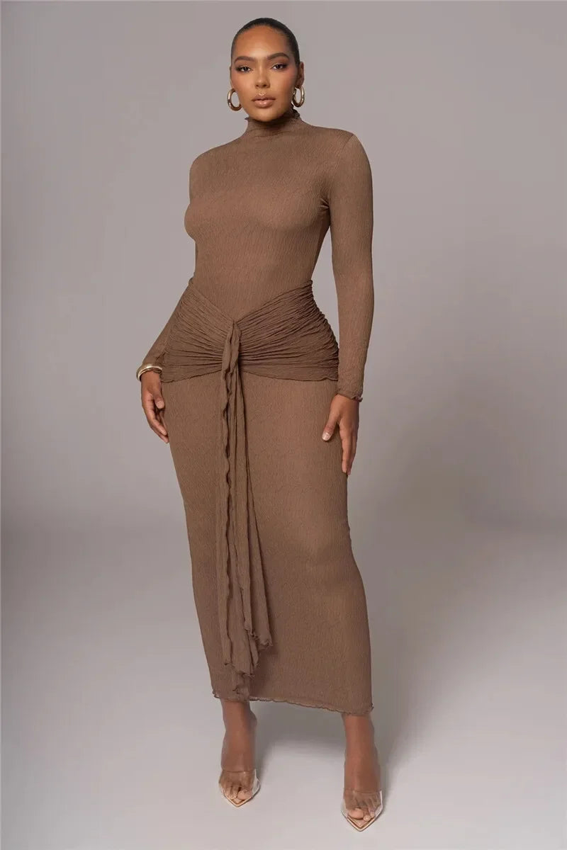 Long Sleeve Drape Turtleneck Maxi Dress Mssaz Desses