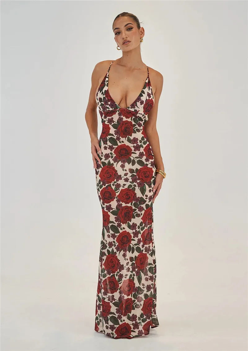 Red Floral Maxi Dress with Cowl Neck & Tie Back Mssaz Desses