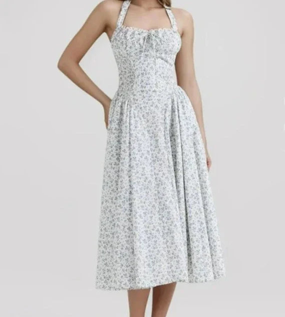 Floral Bow Halter Neck Lacing Up Midi Dress Mssaz Desses