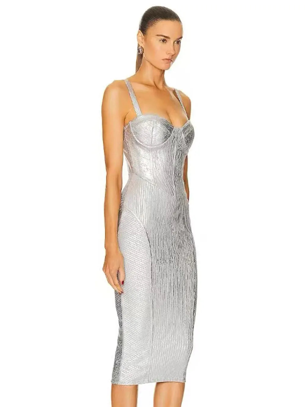 Spaghetti Strap Sleeveless Silver Midi Dress Mssaz Desses