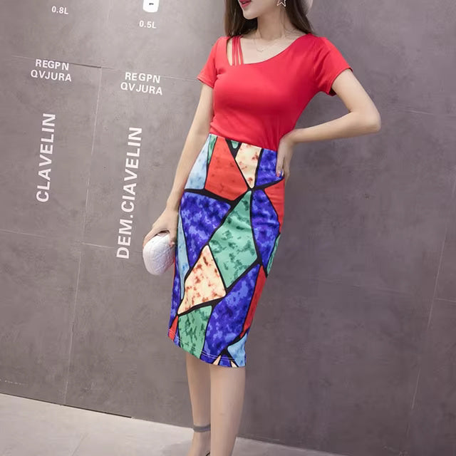 Casual Digital Print Stretch Knee Length Pencil Skirt Mssza