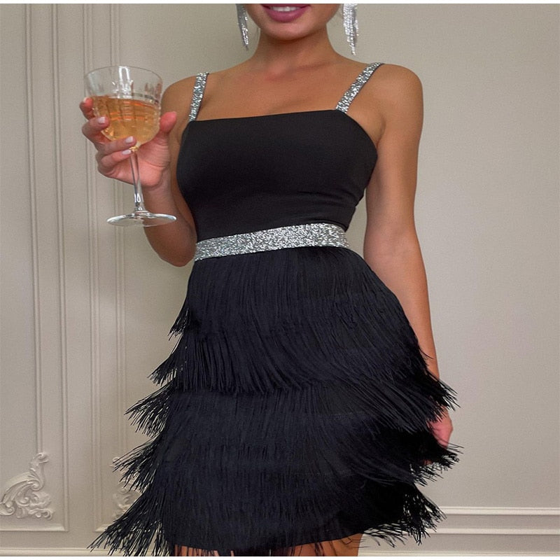 Off Shoulder Suspender Fringed Slim Dress Mssaz Desses