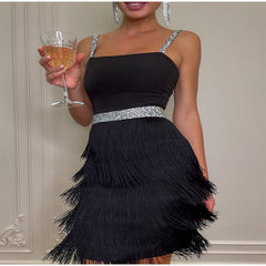 Off Shoulder Suspender Fringed Slim Dress Mssaz Desses