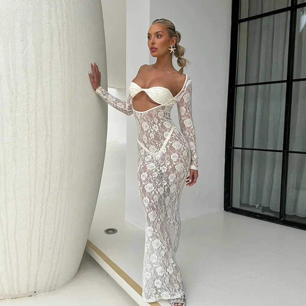 Perspective Lace Hollow Out Bodycon Maxi Dress Mssaz Desses