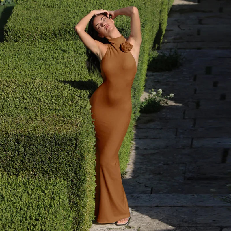 Halter Flower Backless Maxi Dress Mssaz Desses