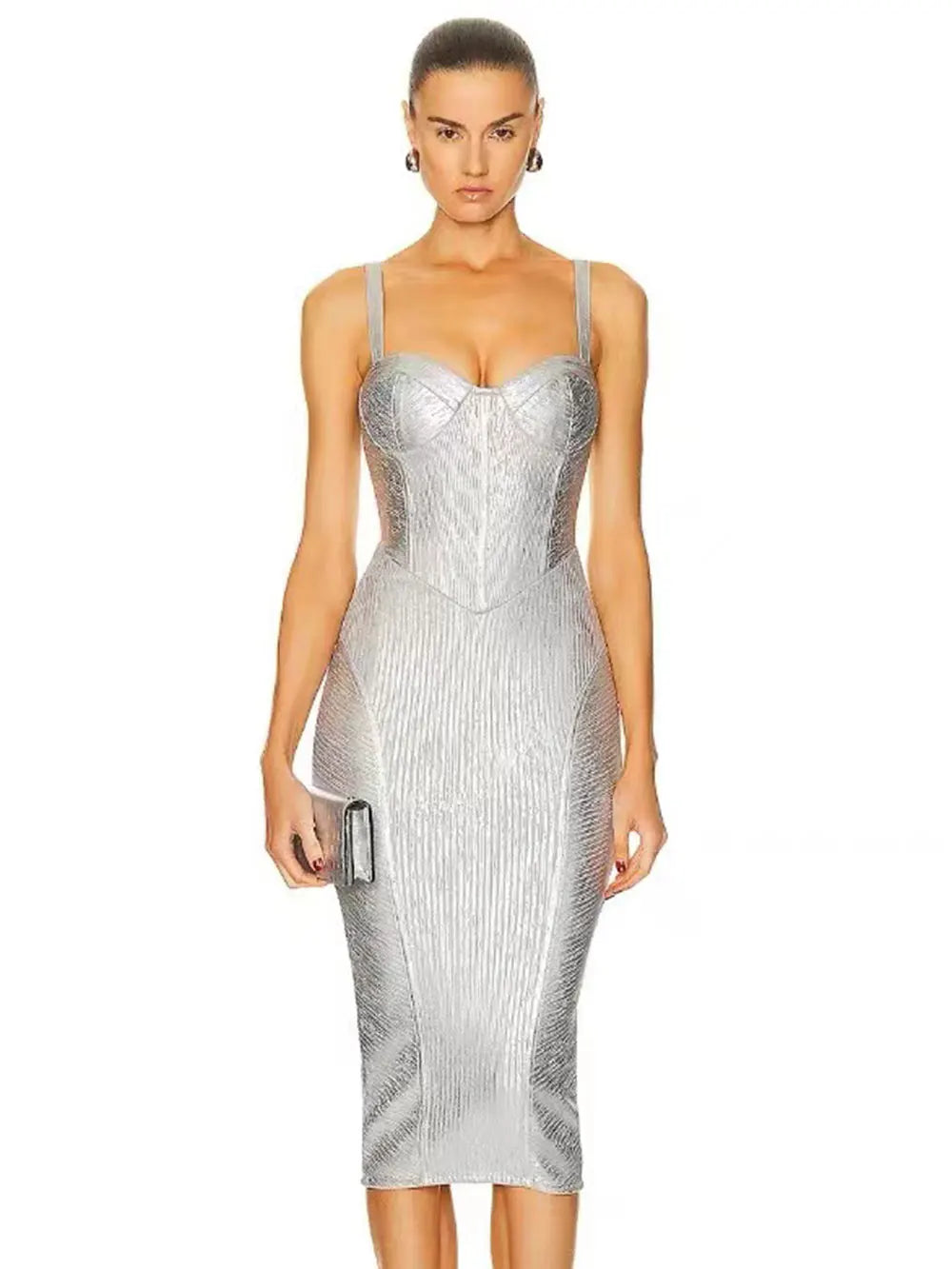 Spaghetti Strap Sleeveless Silver Midi Dress Mssaz Desses