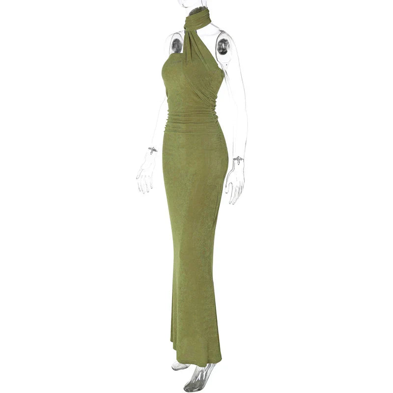 Halter Green Off-shoulder Backless Long Dress Mssaz Desses