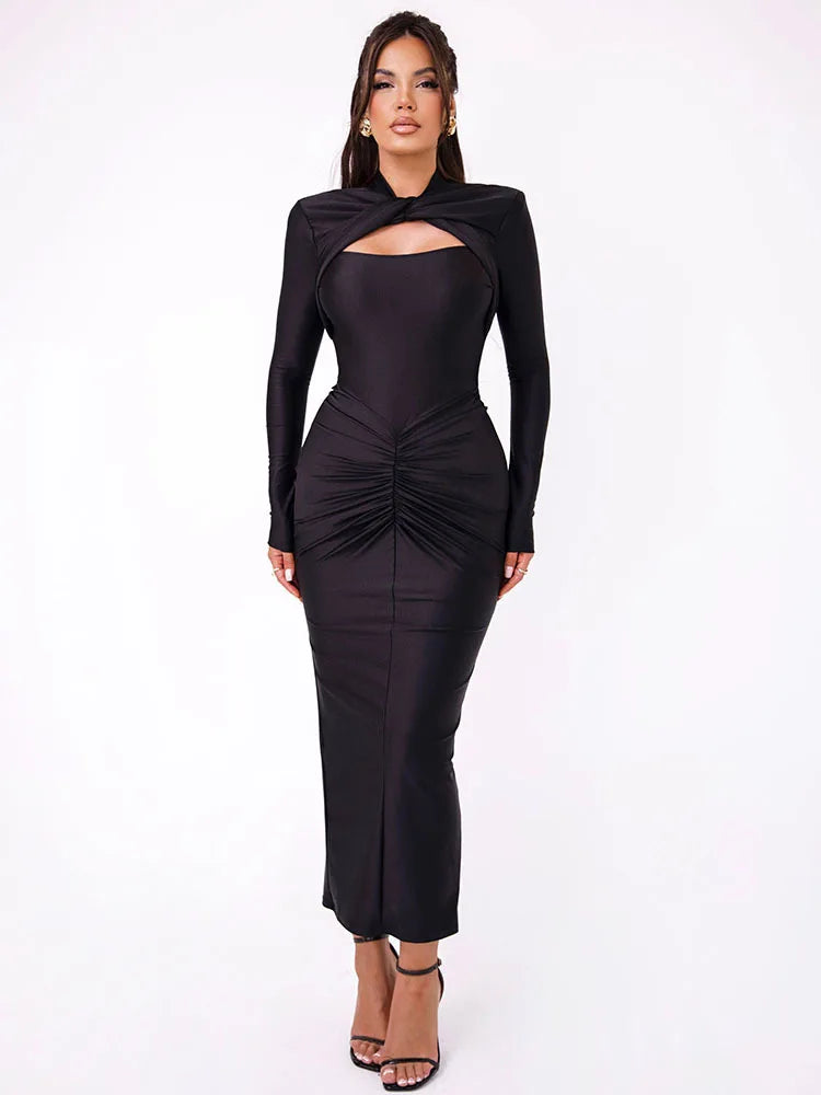Long Sleeved Pleated Hollowed Out Maxi Dress Mssaz Desses