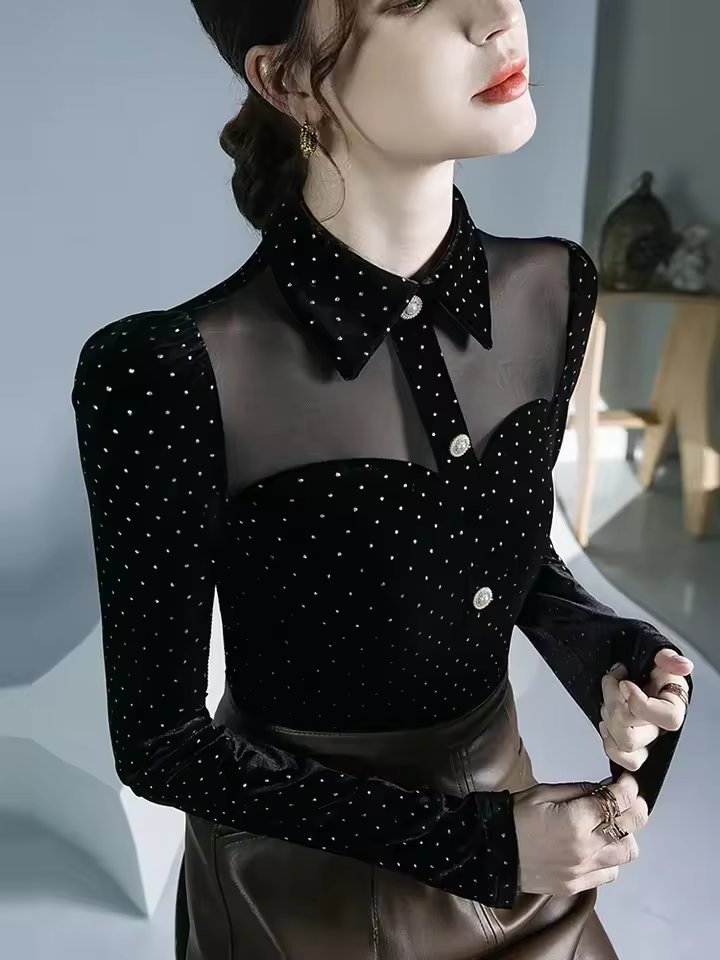 Vintage Doll Collar Polka Dot Gauze Splicing Perspective Velvet Top Mssza