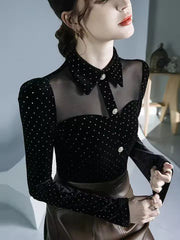 Vintage Doll Collar Polka Dot Gauze Splicing Perspective Velvet Top Mssza