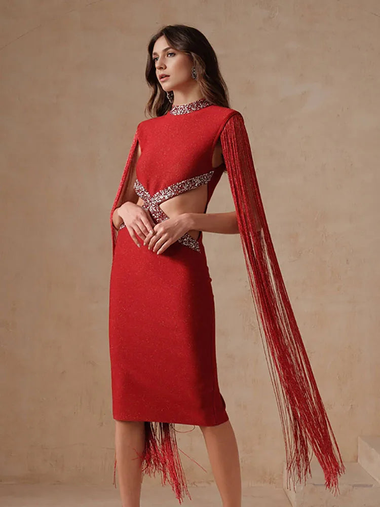 Fringe Sleeve Tassel Sequined Midi Dress Mssaz Desses