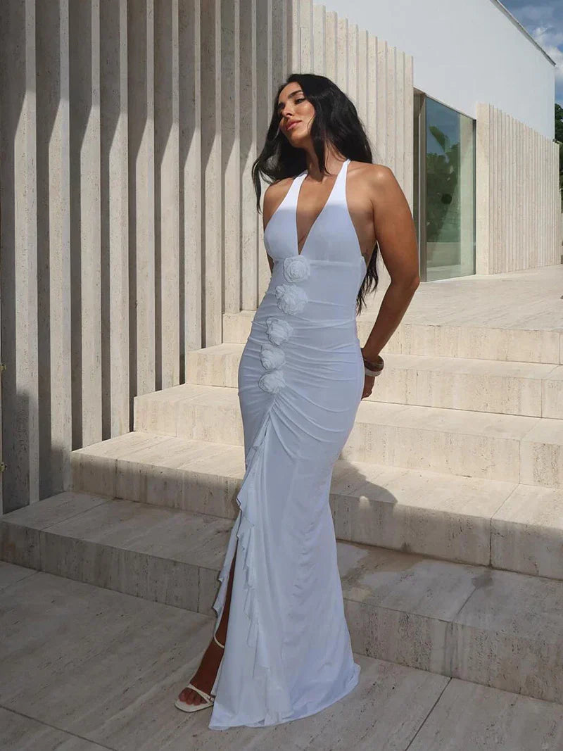 White Floral Halter Sleeveless Ruffled Long Dress Mssaz Desses