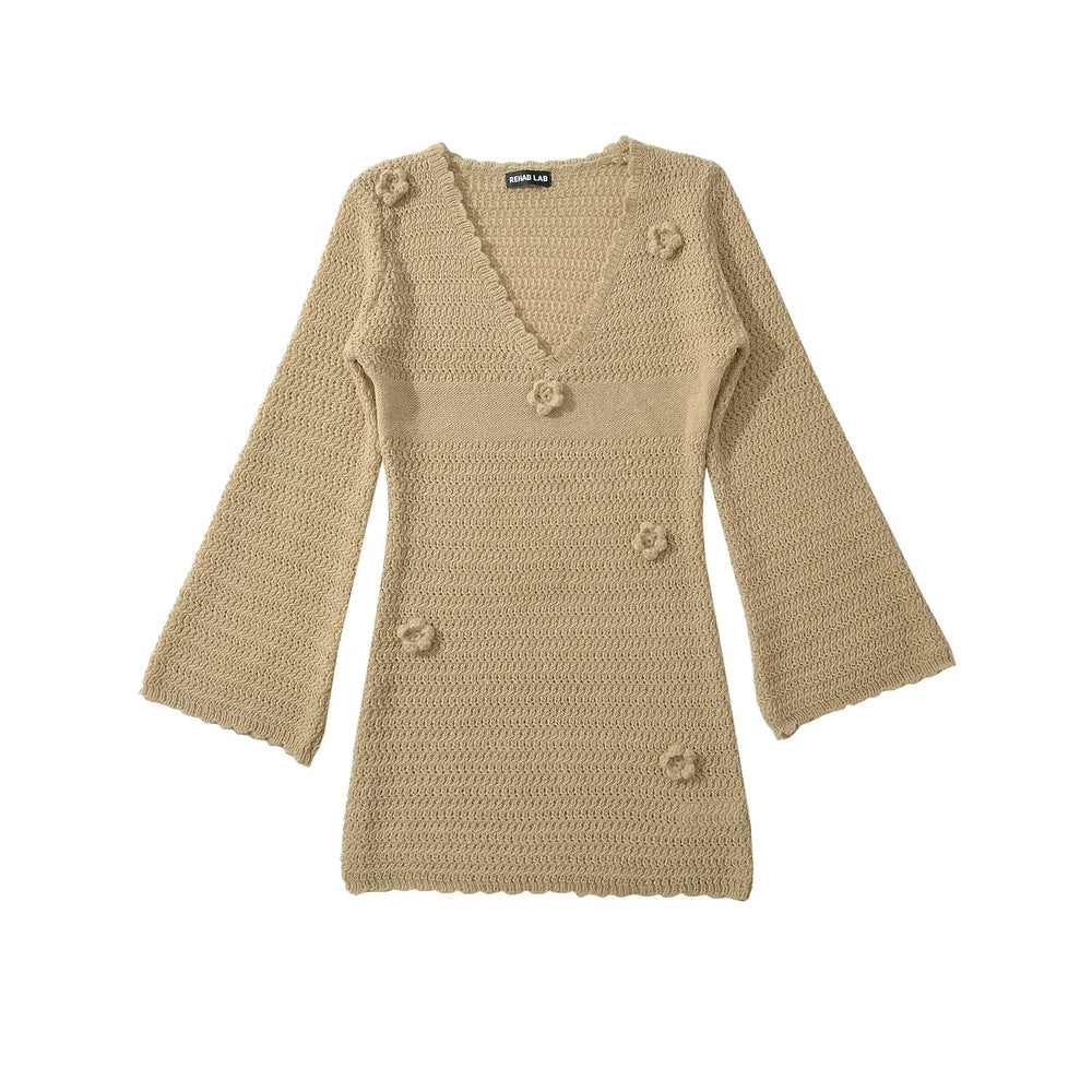 3D Flower Hand Crotch Full Flare Sleeve Sweater Dress Mssaz Desses