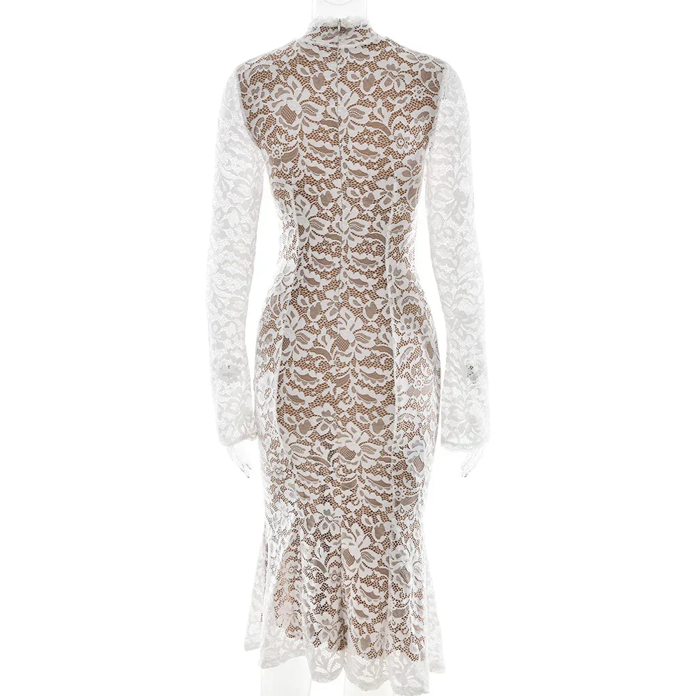 Lace White Long Sleeve Turtleneck Dress Mssaz Desses