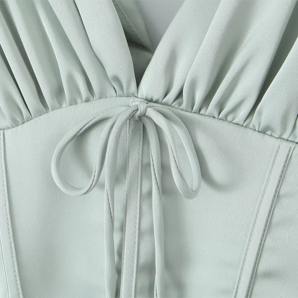 Stain Pleated Ruched Strap Bow Folds Hem Mini Dress Mssaz Desses