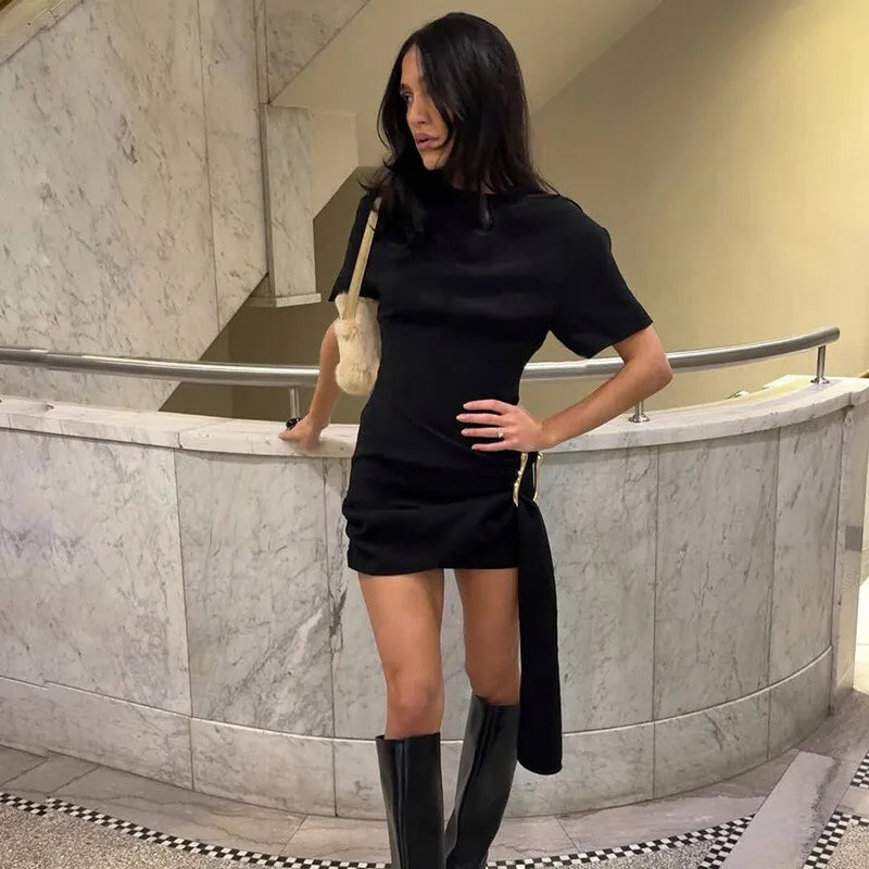 Short Sleeve Draped Black Metal Buckle Mini Dress Mssaz Desses