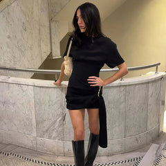 Short Sleeve Draped Black Metal Buckle Mini Dress Mssaz Desses