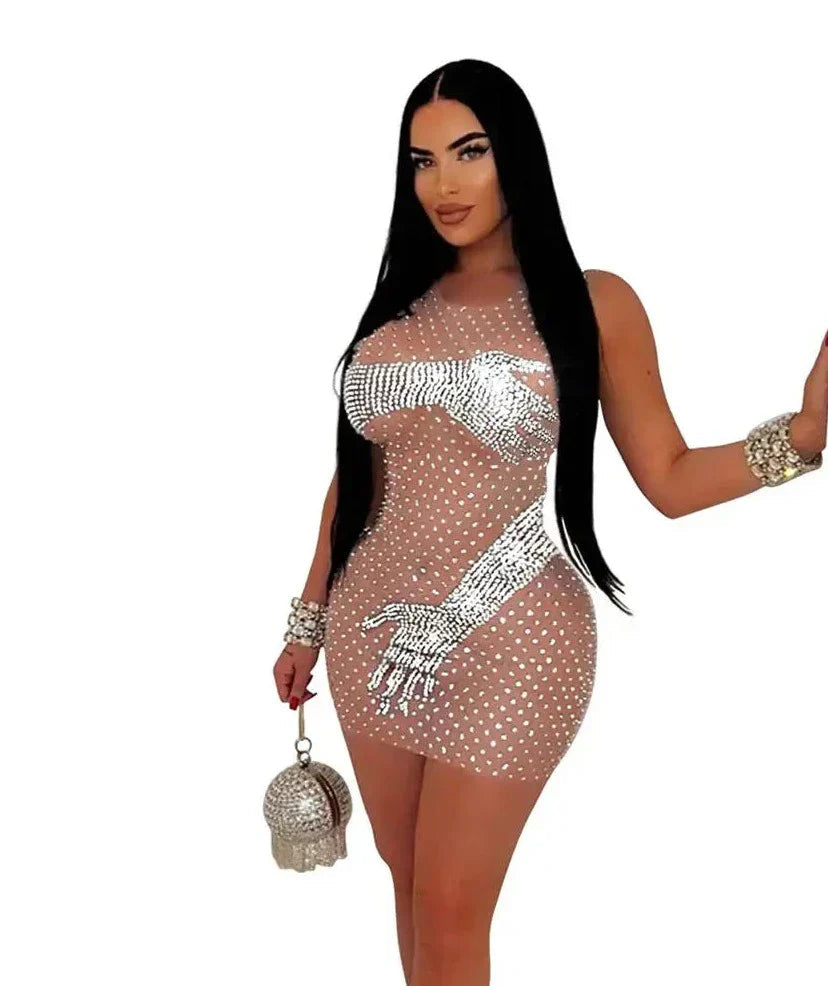 Mesh Rhinestone Round Neck Sleeveless Mini Dress Mssaz Desses