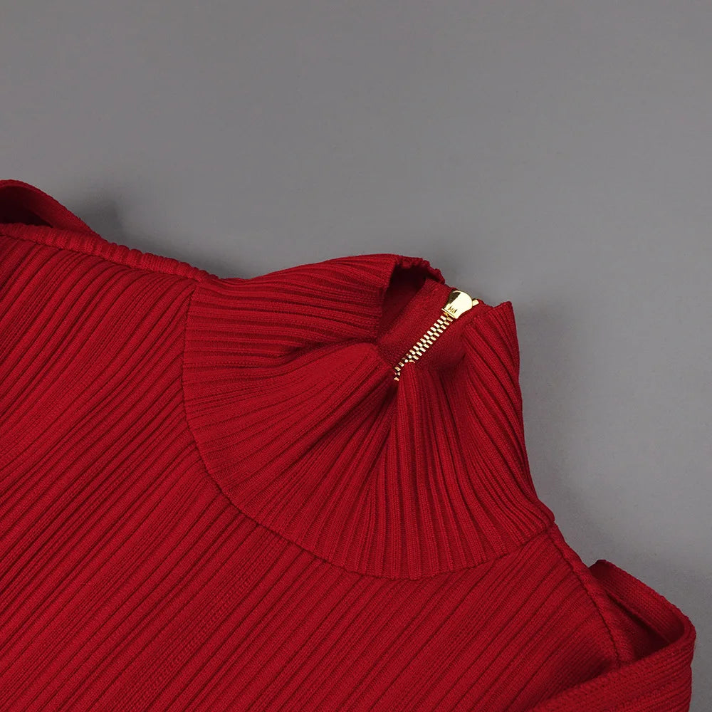 Red Bandage Turtle Neck Cross Design Long Dress Mssaz Desses
