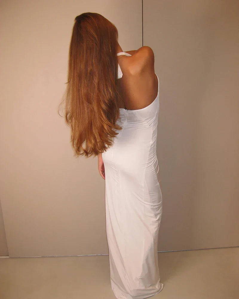 White Floral Halter Sleeveless Ruffled Long Dress Mssaz Desses