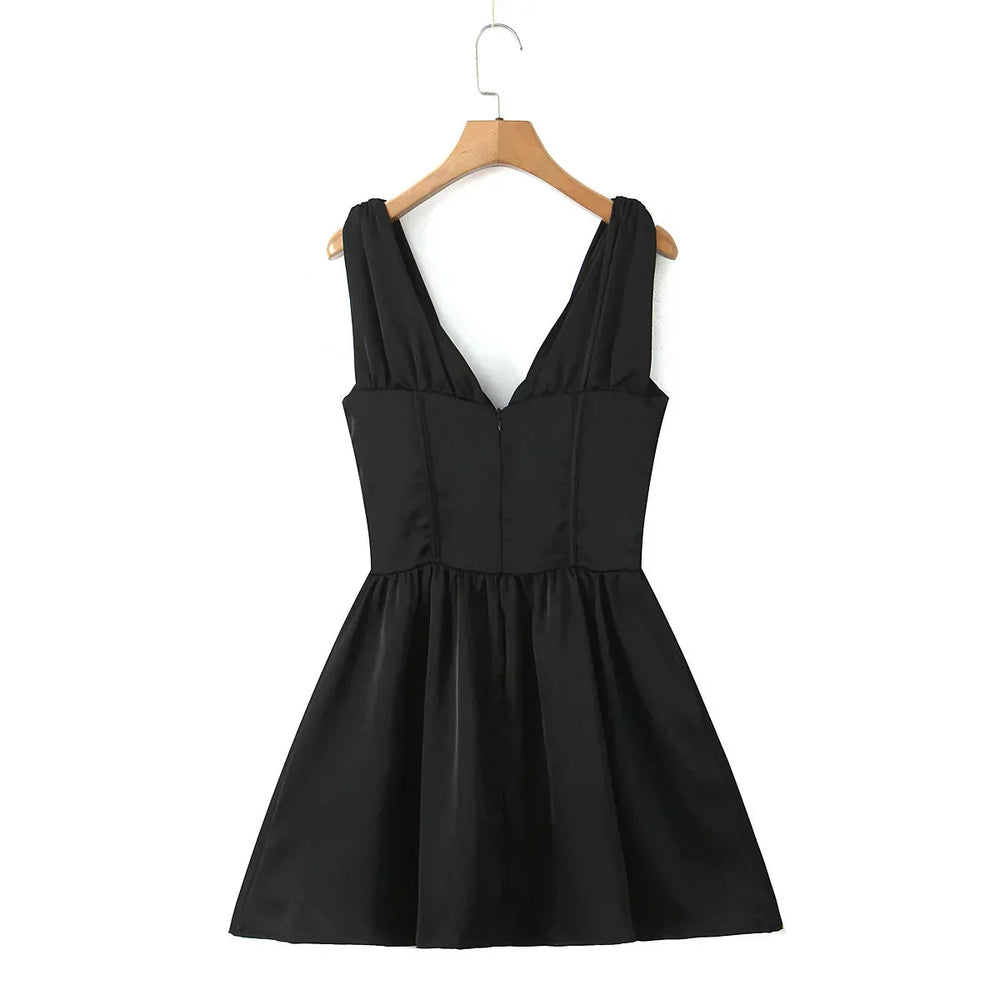 Stain Pleated Ruched Strap Bow Folds Hem Mini Dress Mssaz Desses