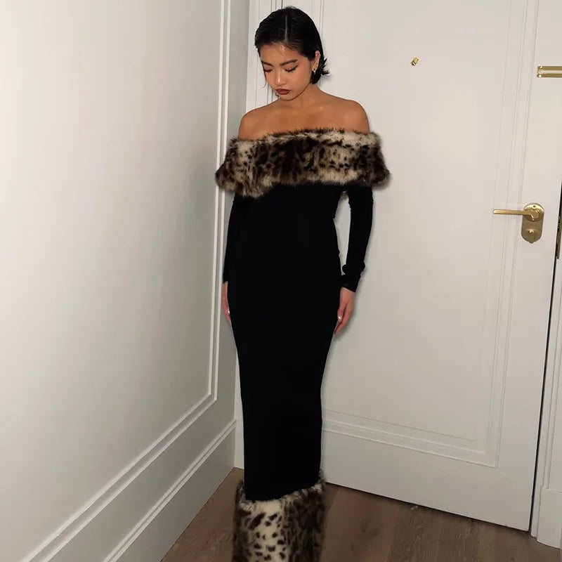 Leopard Print Fluff Splicing Maxi Dress Mssaz Desses