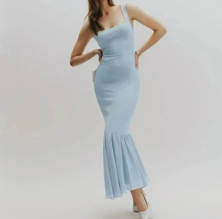 Light Blue Spliced Ruffles Hem Midi Dress Mssaz Desses