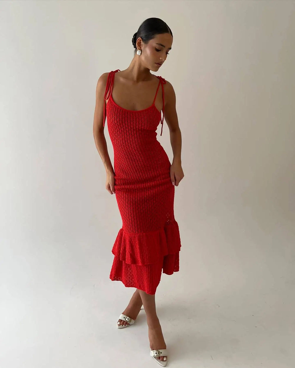 Crochet Maxi Dress with Ruffle Trim Mssaz Desses