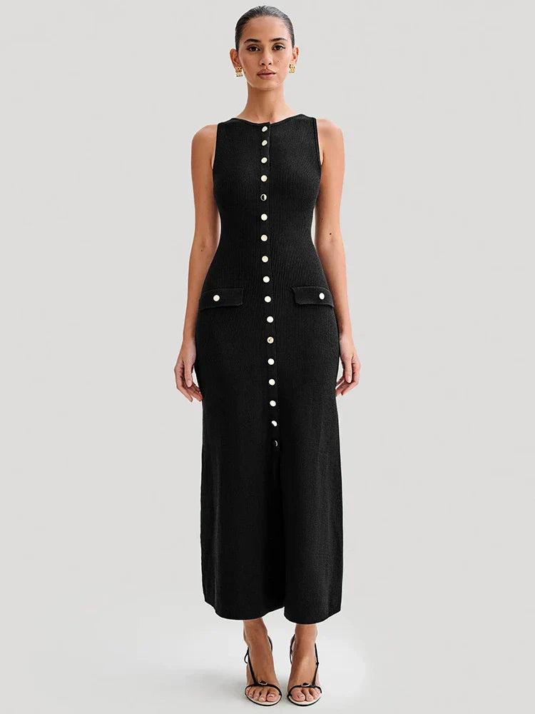 Knit Maxi Dress with Pockets Button-Front Mssaz Desses