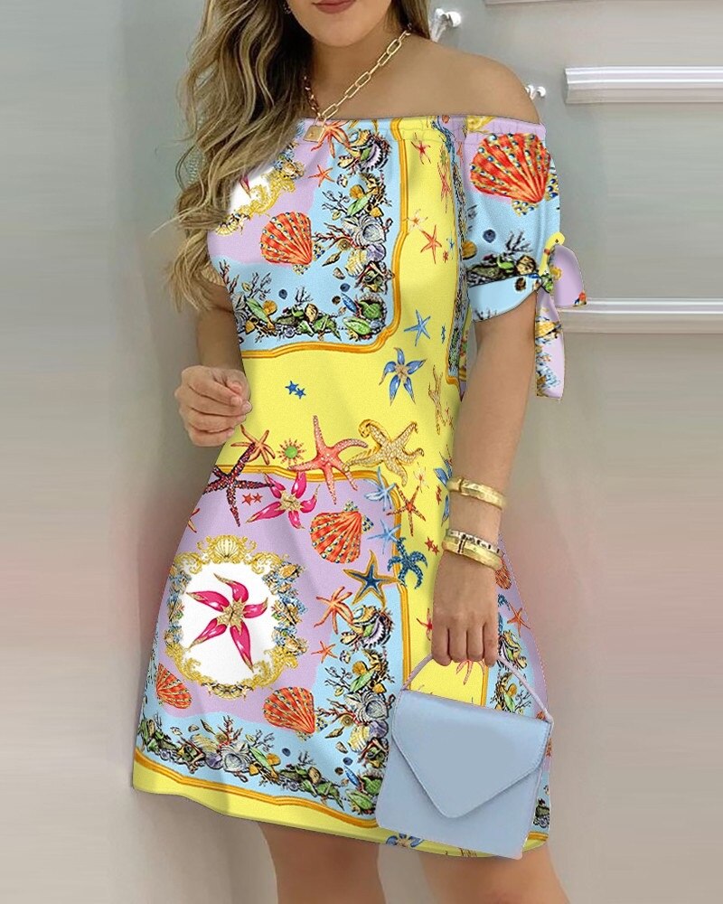 Off Shoulder  Mini Dress Short Sleeve Bow Tie Striped Plaid Floral Vestidos Mssaz Desses