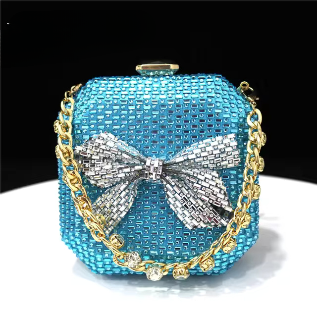 Diamond Inlaid Bow Square Box American Style Clutch Mssza