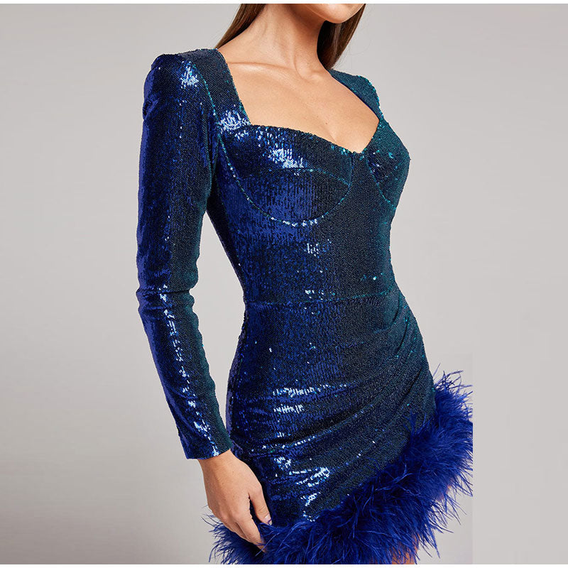 Sequined Feather Square Collar Bodycon Dress Mssaz Desses