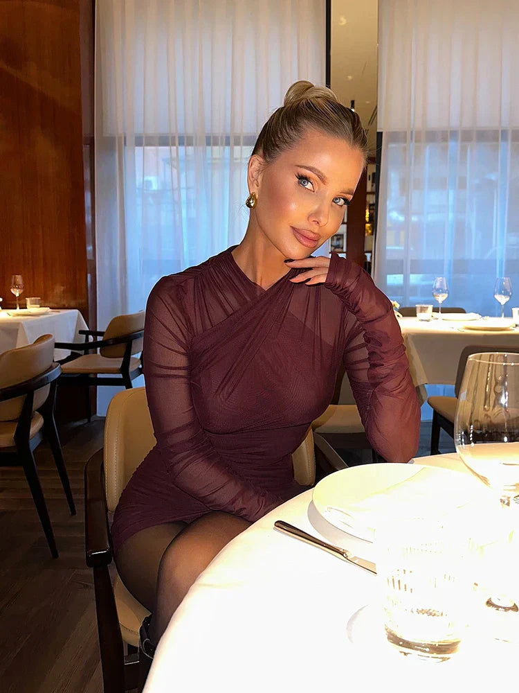 Mesh Solid Long Sleeves Folds Mini Dress Mssaz Desses