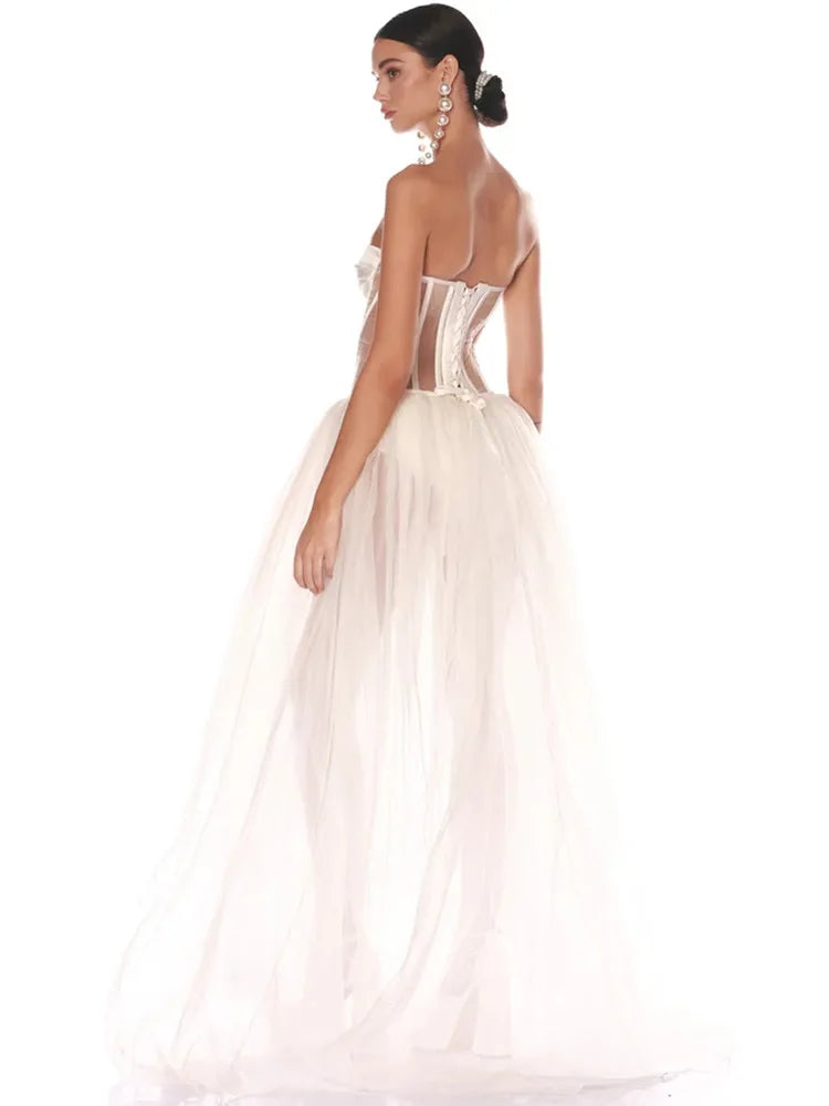 Strapless Mesh White A Line Maxi Long Dress Mssaz Desses