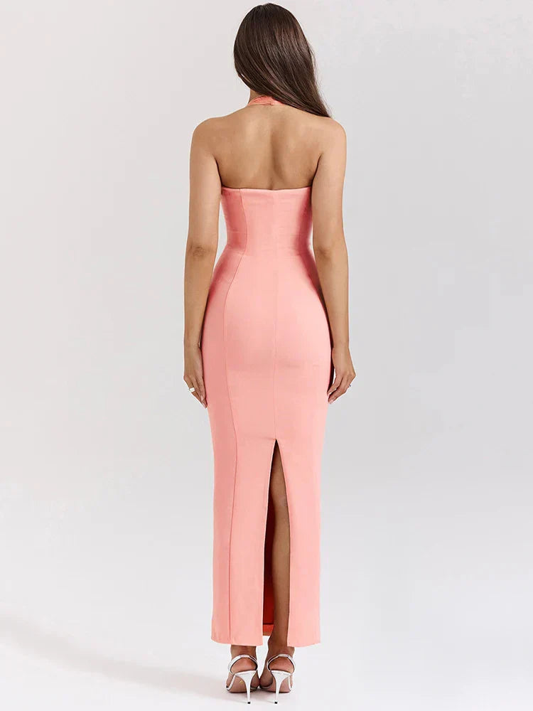 Pink Deep Neck Halter Bodycon Midi Dress Mssaz Desses