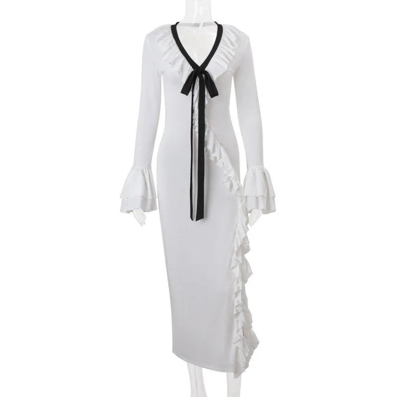Long Sleeved Ruffled Slit Maxi Dress for Women Mssaz Desses