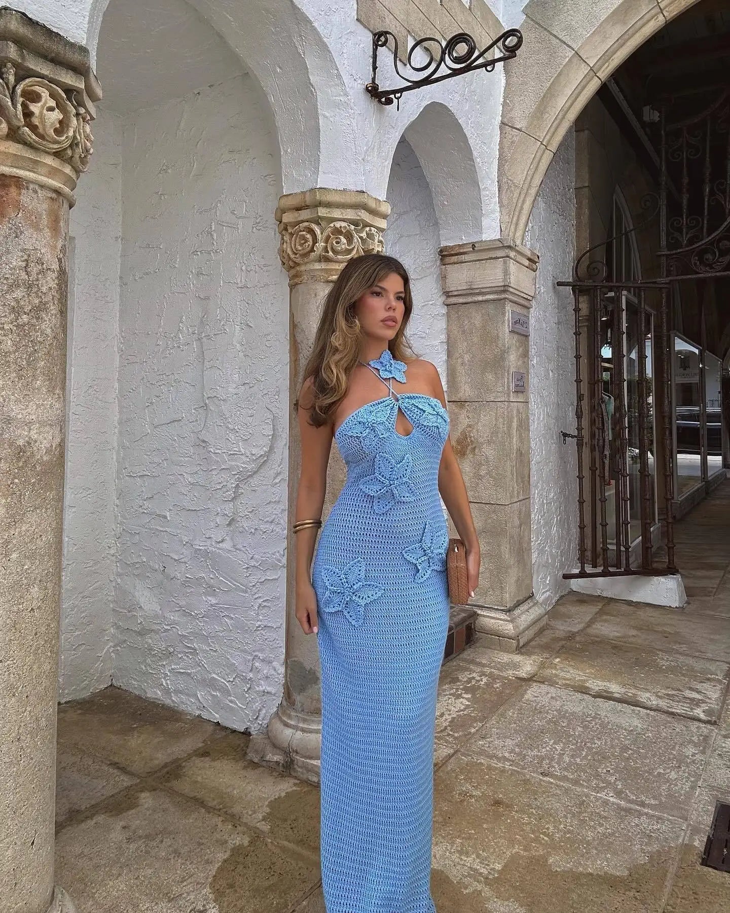 Knit Crochet Flower Applique Halter Maxi Dress Mssaz Desses