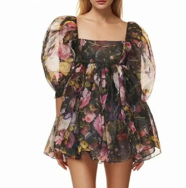 Black Floral Print Square Collar Puff Sleeve Mini Dress Mssaz Desses