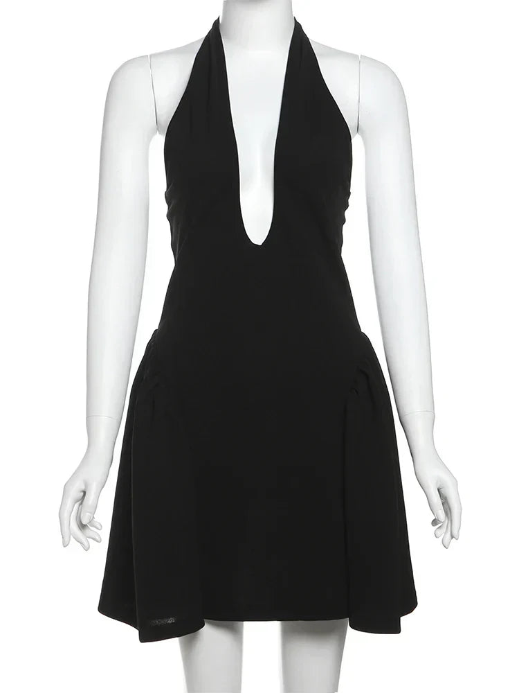 Above Knee Solid Halter Neck Mini Dress Mssaz Desses