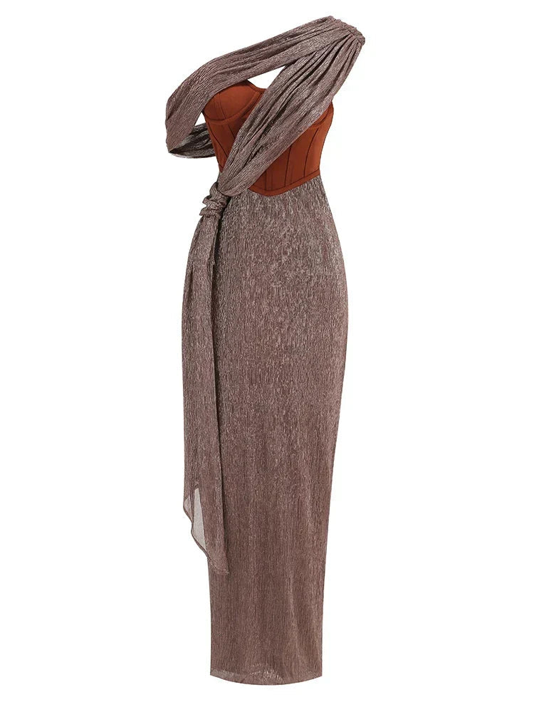 One Shoulder Draped Glitter Brown Maxi Dress Mssaz Desses